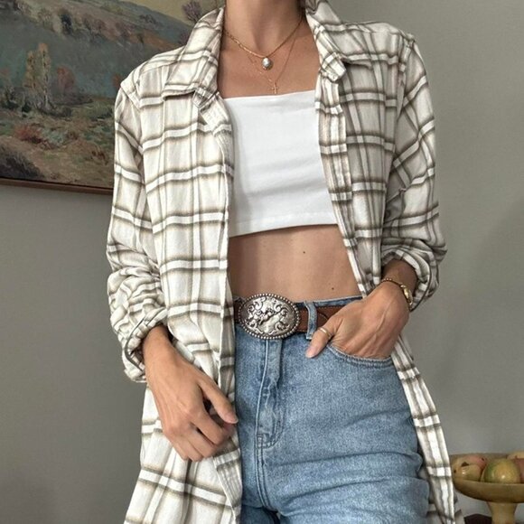 Lands End cream and green and brown plaid flannel button up shirt - Picture 2 of 6